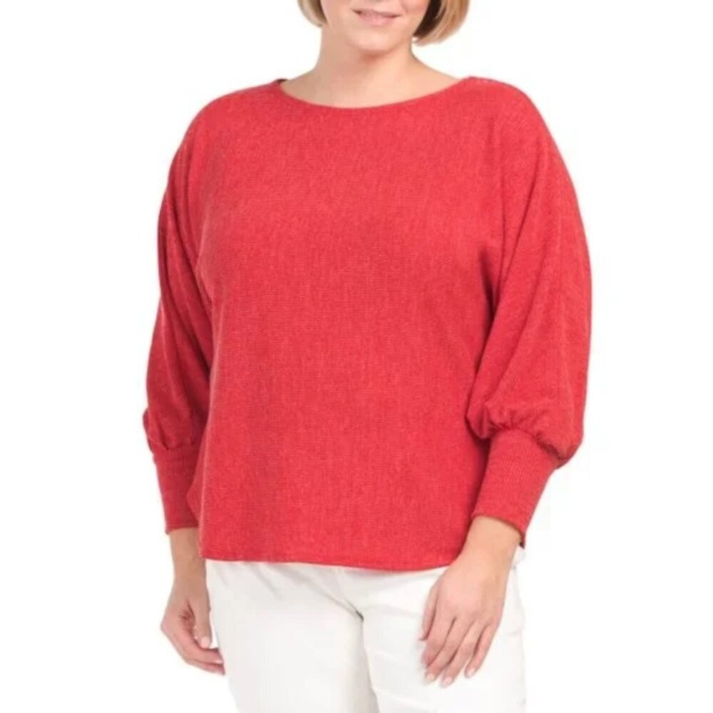 MAX STUDIO LONDON Red Plus Textured Ribbed Long Sleeve Top